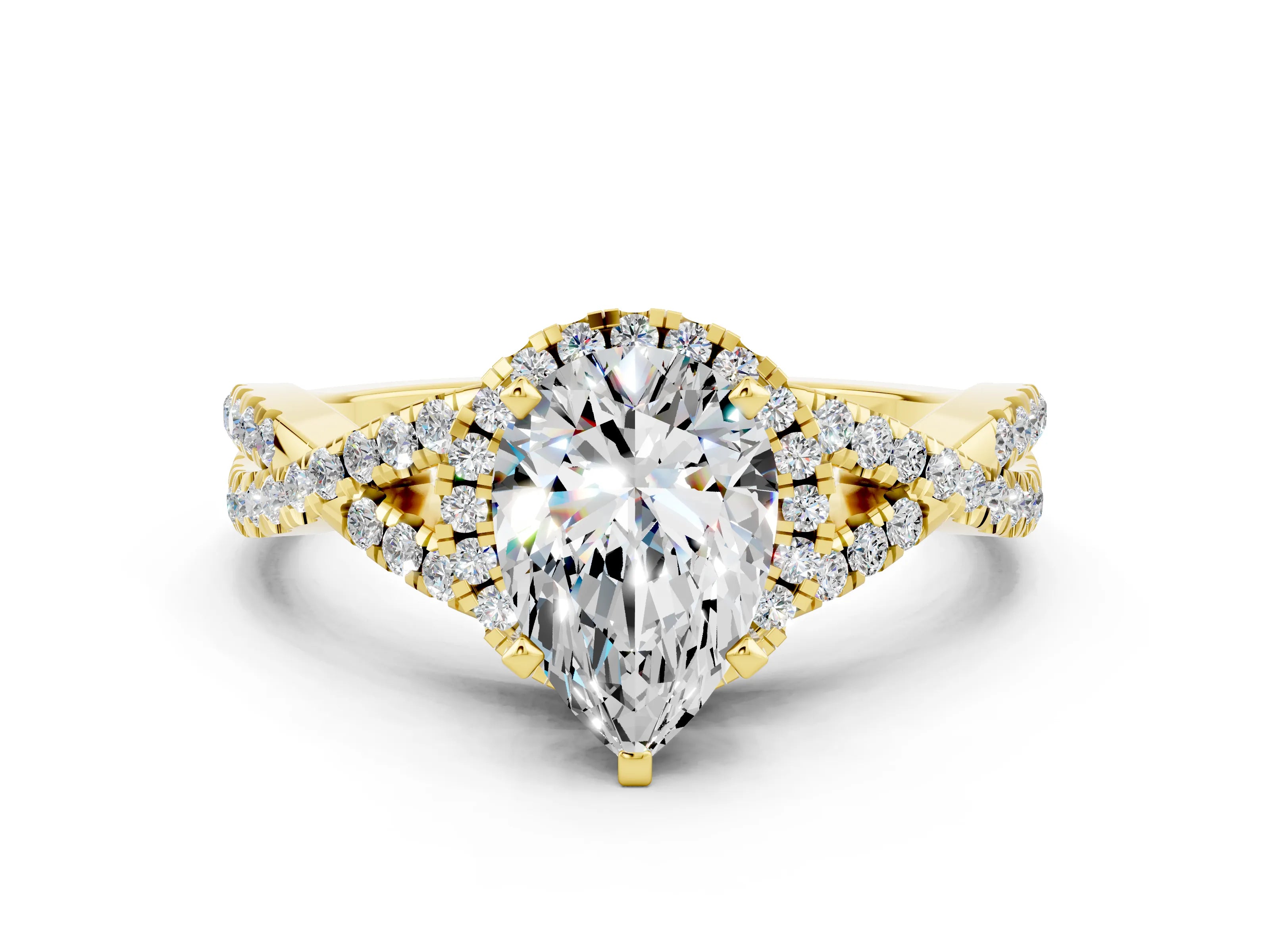 Yellow gold Pear Cut Moissanite Halo Twist Band Solitaire Prong Setting Ring