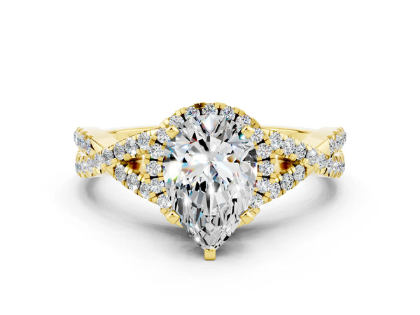 Yellow gold Pear Cut Moissanite  Halo Twist Band Solitaire Prong Setting Ring