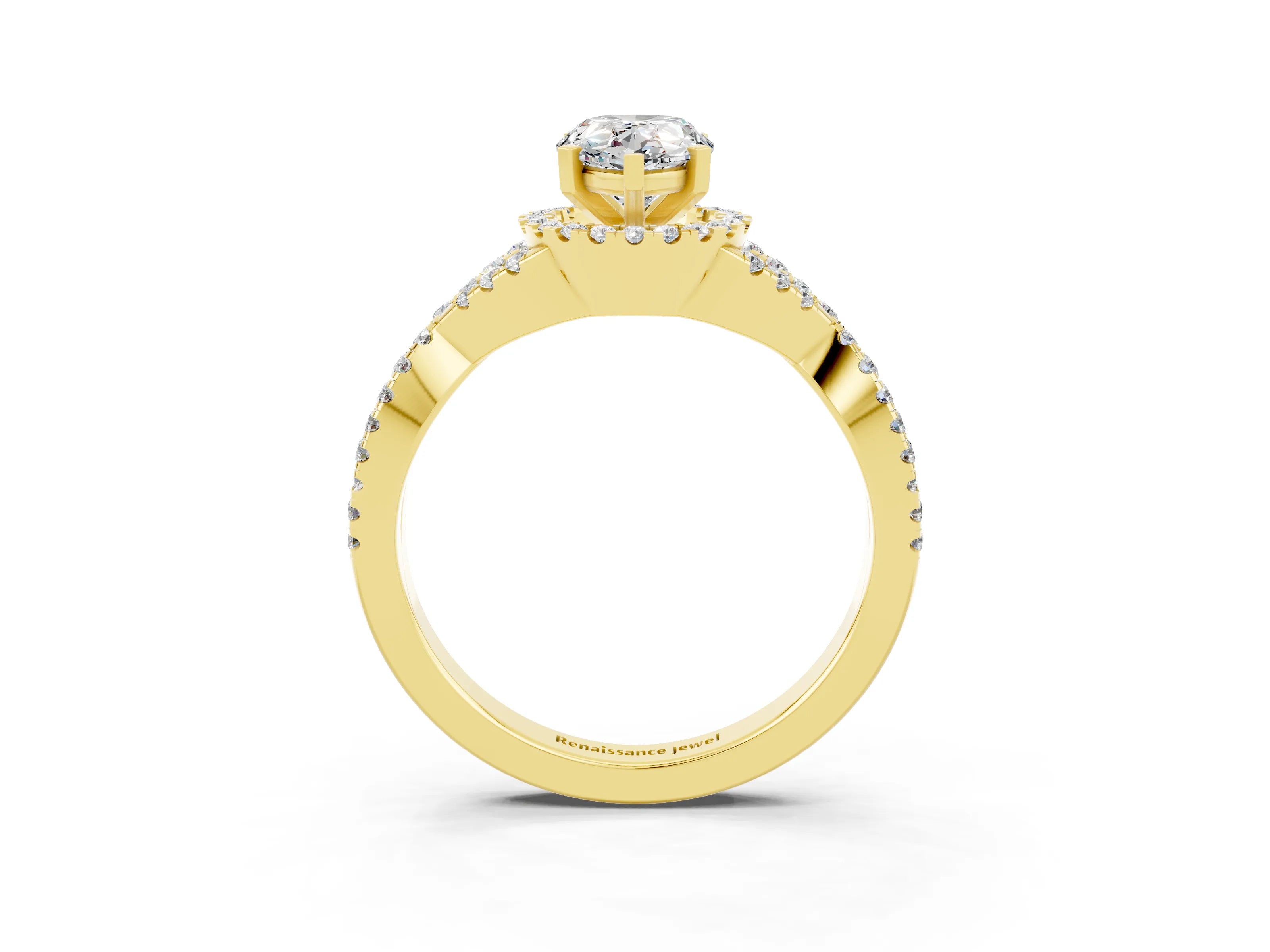 Yellow gold Pear Cut Moissanite Halo Twist Band Solitaire Prong Setting Ring_3