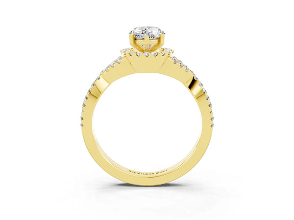 Yellow gold Pear Cut Moissanite  Halo Twist Band Solitaire Prong Setting Ring