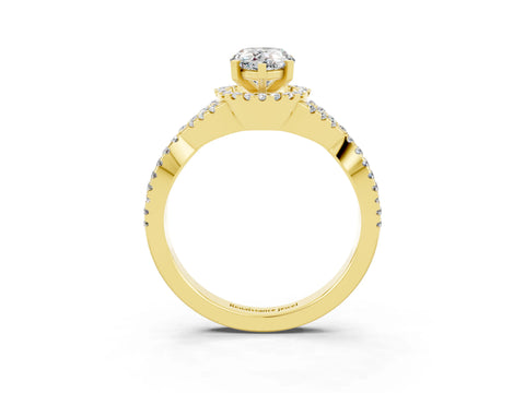Yellow gold Pear Cut Moissanite Halo Twist Band Solitaire Prong Setting Ring_3