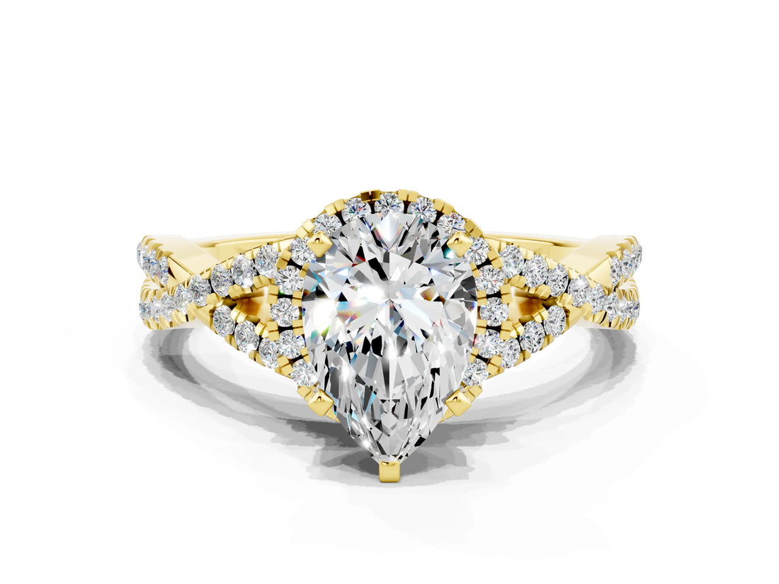 Yellow gold Pear Cut Moissanite  Halo Twist Band Solitaire Prong Setting Ring_42