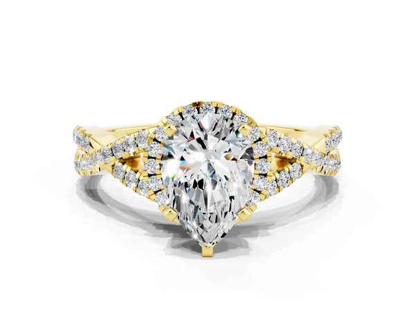 Yellow gold Pear Cut Moissanite  Halo Twist Band Solitaire Prong Setting Ring