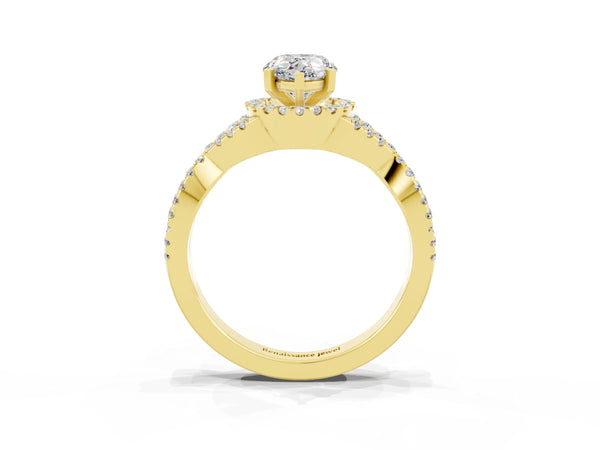 Yellow gold Pear Cut Moissanite  Halo Twist Band Solitaire Prong Setting Ring