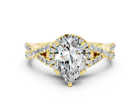 Yellow gold Pear Cut Moissanite Halo Twist Band Solitaire Prong Setting Ring