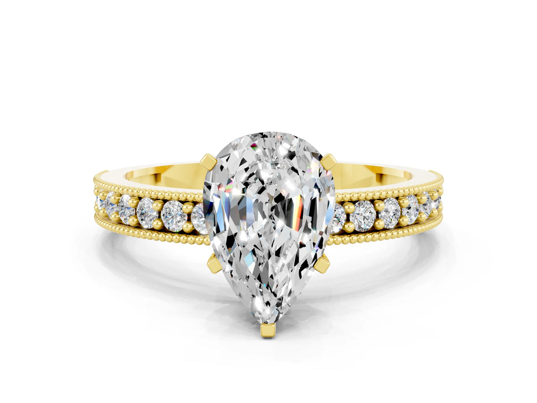 Yellow gold Pear Cut Moissanite Milgrain Pavé Engagement Ring with Four-Prong Setting