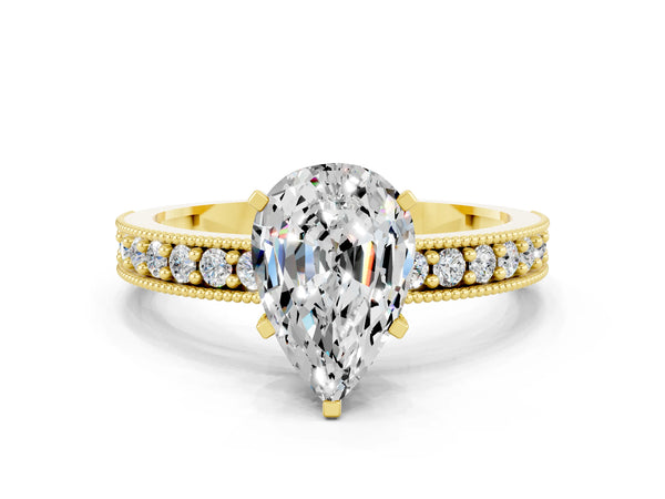 Yellow gold Pear Cut Moissanite Milgrain Pavé Engagement Ring with Four-Prong Setting