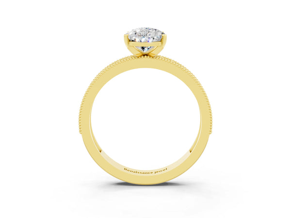 Yellow gold Pear Cut Moissanite Milgrain Pavé Engagement Ring with Four-Prong Setting