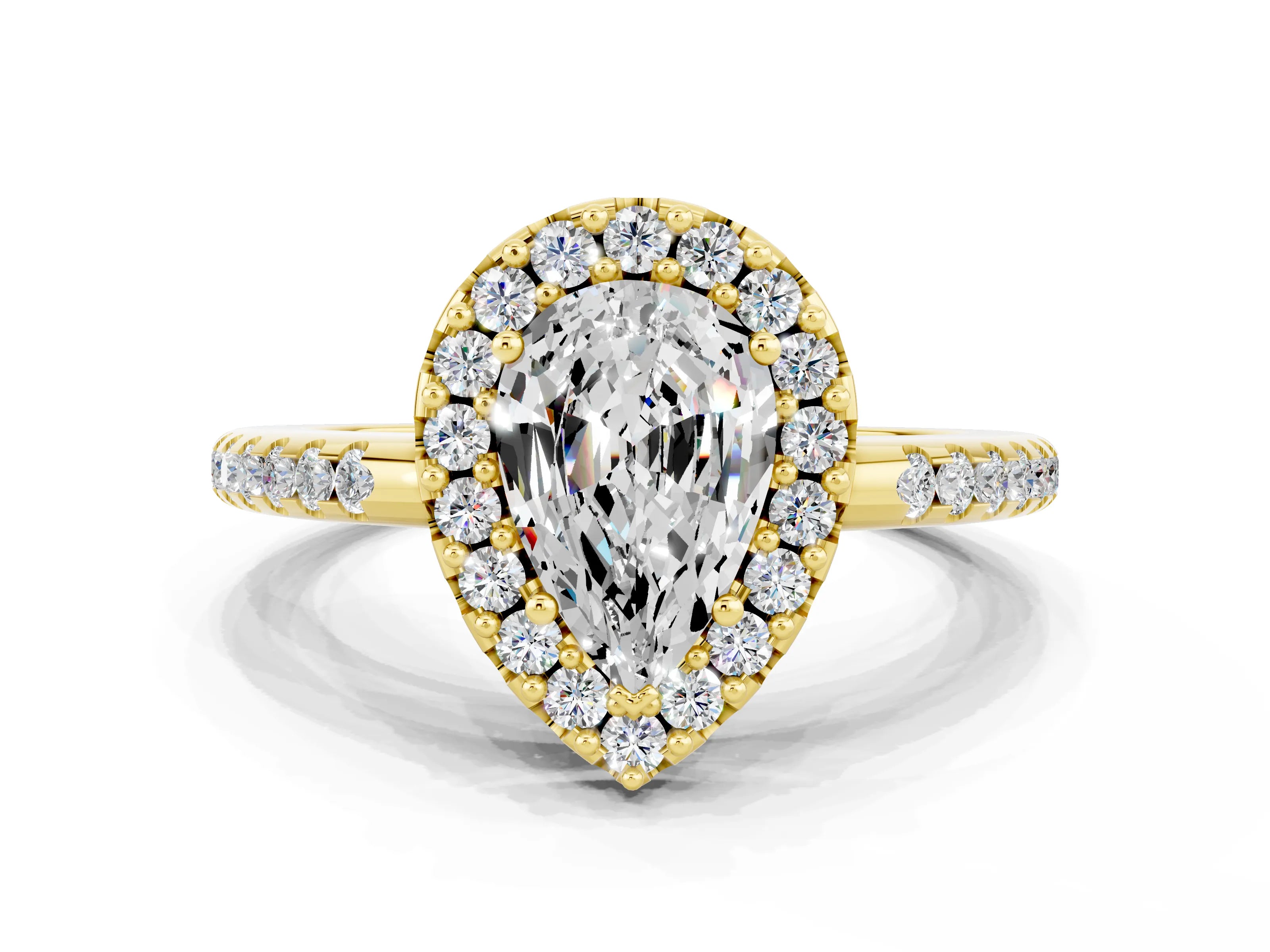 Yellow gold Pear Cut Moissanite Pavé Halo Ring with Four-Prong Setting_12