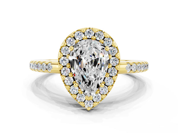 Yellow gold Pear Cut Moissanite Pavé Halo Ring with Four-Prong Setting