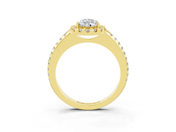 Yellow gold Pear Cut Moissanite Pavé Halo Ring with Four-Prong Setting