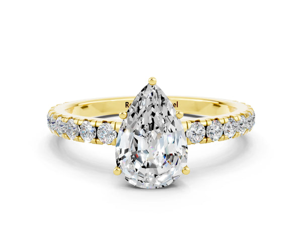 Yellow gold Pear Cut Moissanite Pavé Solitaire Engagement Ring with Four-Prong Setting