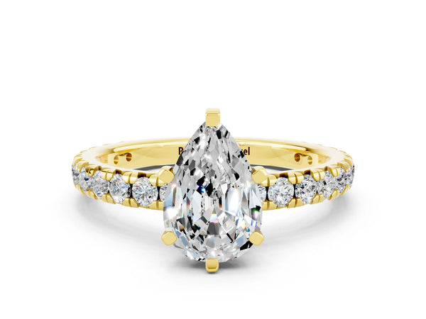 Yellow gold Pear Cut Moissanite Pavé Solitaire Ring with Round Band and Prong Setting