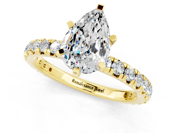 Yellow gold Pear Cut Moissanite Pavé Solitaire Ring with Round Band and Prong Setting
