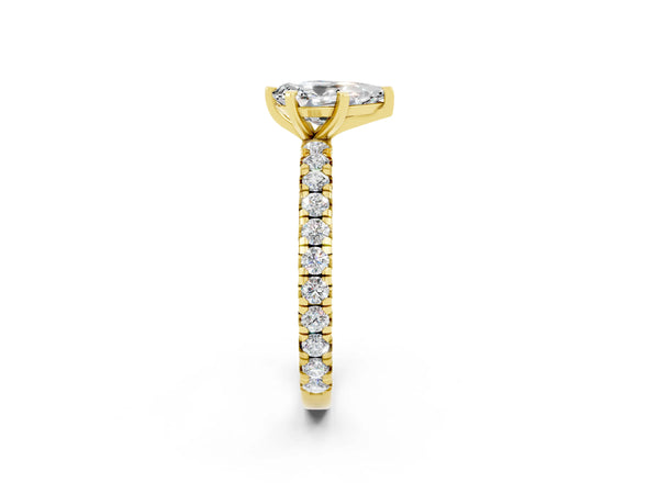 Yellow gold Pear Cut Moissanite Pavé Solitaire Ring with Round Band and Prong Setting