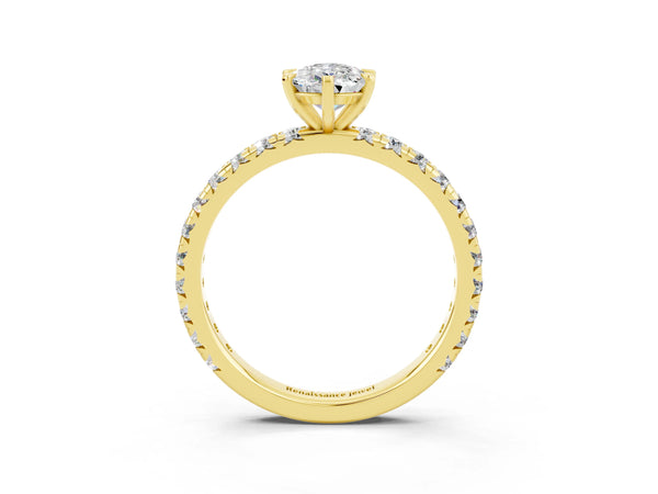 Yellow gold Pear Cut Moissanite Pavé Solitaire Ring with Round Band and Prong Setting