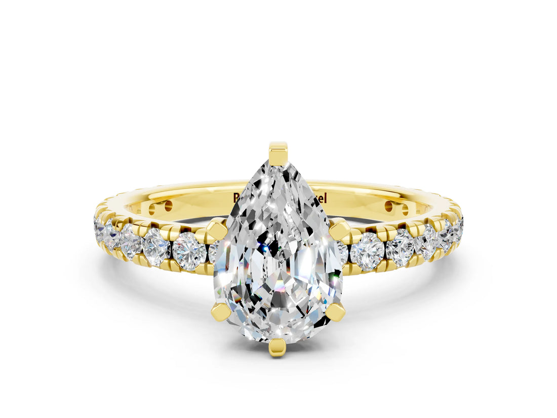 Yellow gold Pear Cut Moissanite Pavé Solitaire Ring with Round Band and Prong Setting_24