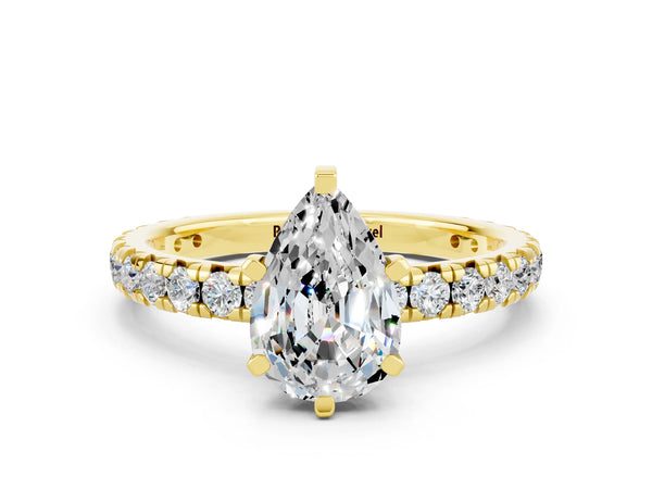 Yellow gold Pear Cut Moissanite Pavé Solitaire Ring with Round Band and Prong Setting
