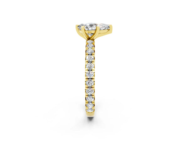 Yellow gold Pear Cut Moissanite Pavé Solitaire Ring with Round Band and Prong Setting