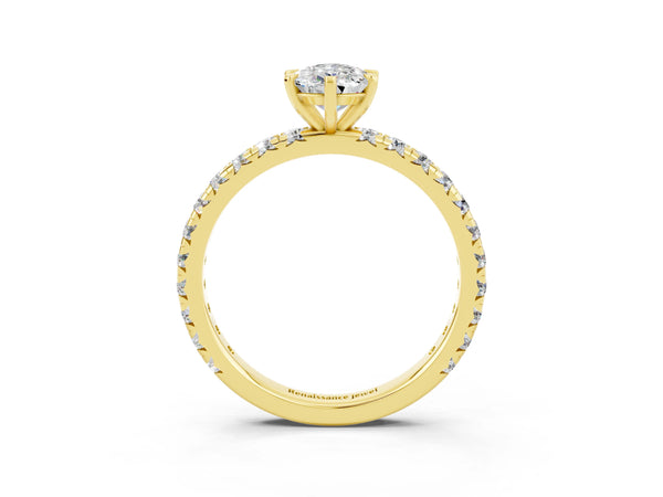 Yellow gold Pear Cut Moissanite Pavé Solitaire Ring with Round Band and Prong Setting