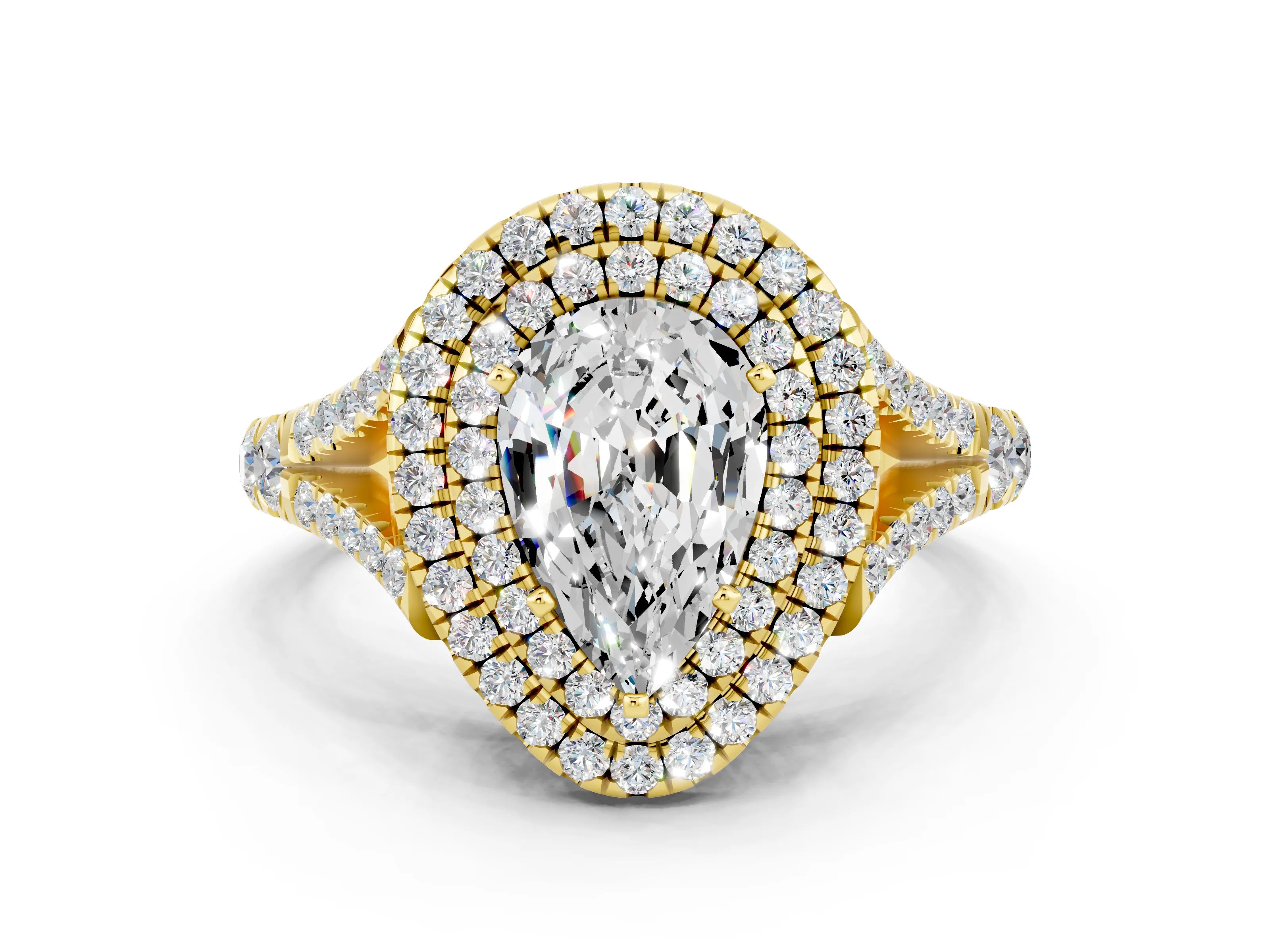 Yellow gold Pear Cut Moissanite Pavé Split Shank Double Halo Engagement Ring