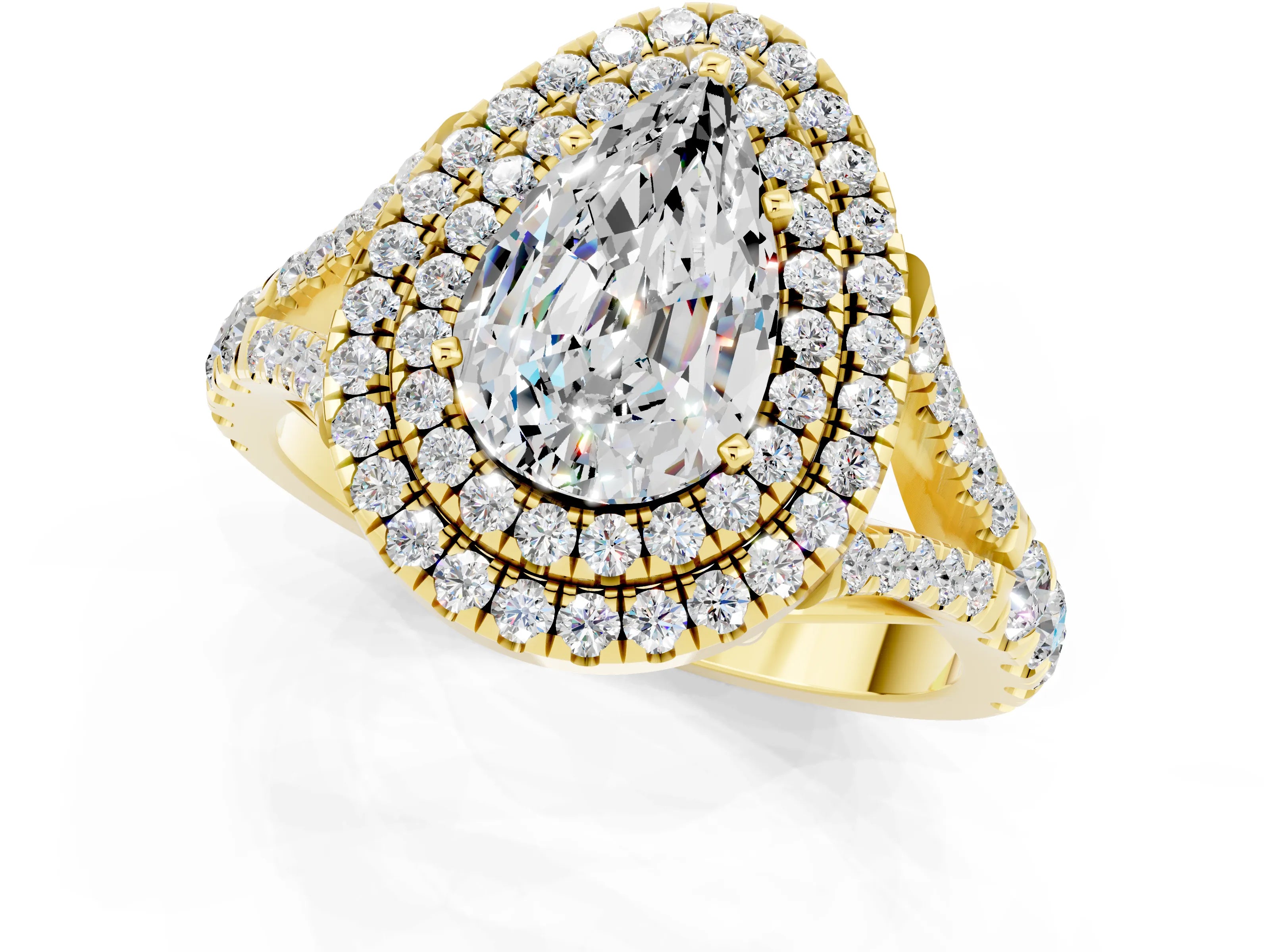Yellow gold Pear Cut Moissanite Pavé Split Shank Double Halo Engagement Ring_1