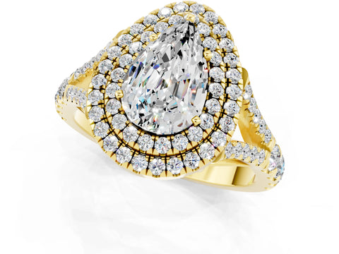 Yellow gold Pear Cut Moissanite Pavé Split Shank Double Halo Engagement Ring_1