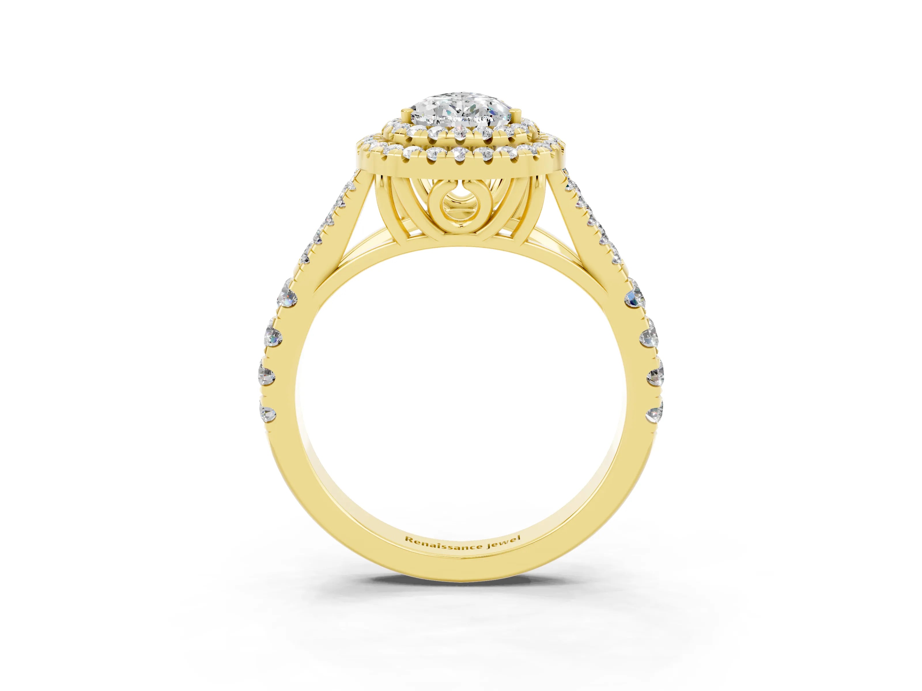 Yellow gold Pear Cut Moissanite Pavé Split Shank Double Halo Engagement Ring_3