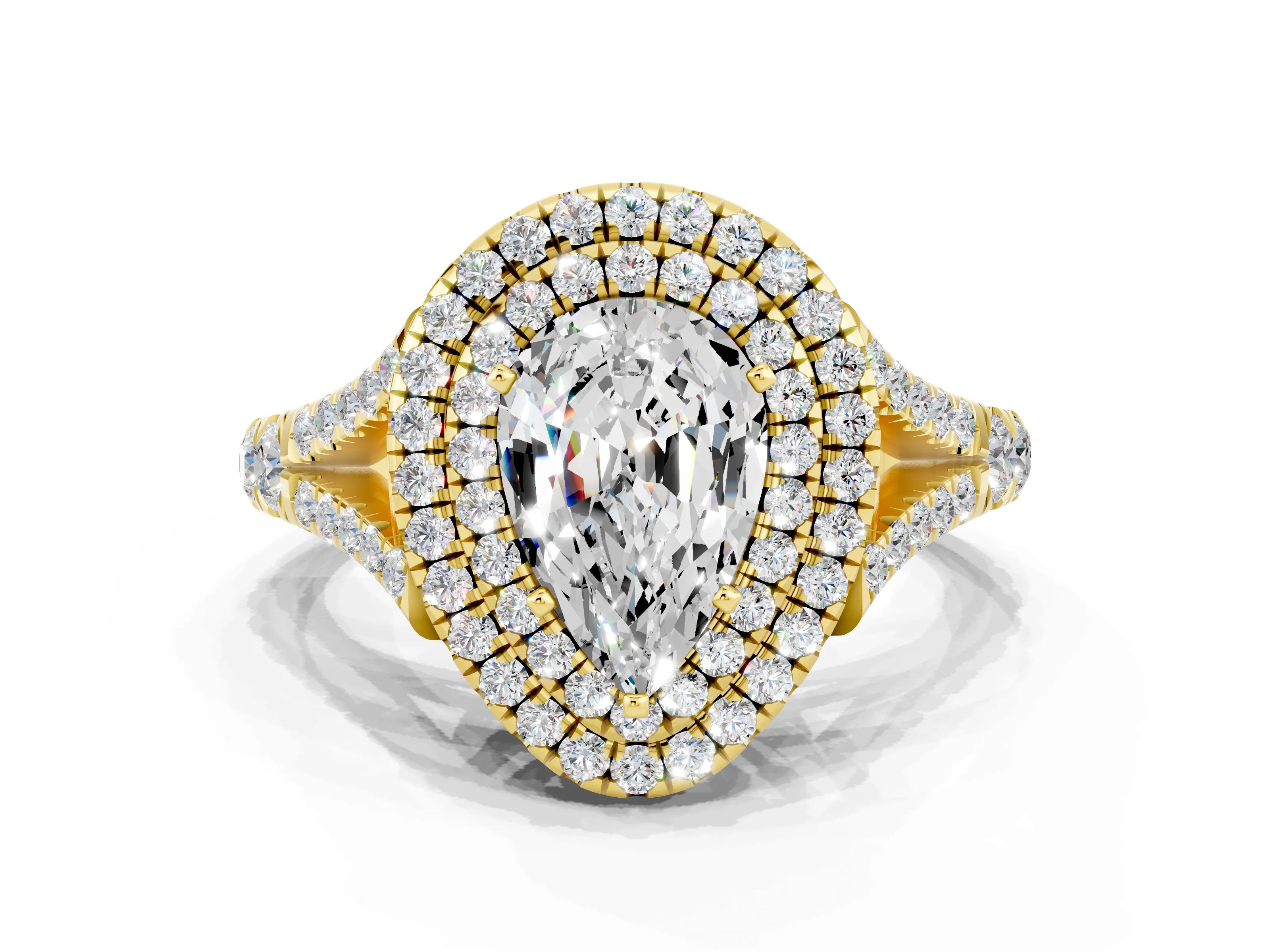 Yellow gold Pear Cut Moissanite Pavé Split Shank Double Halo Engagement Ring_6