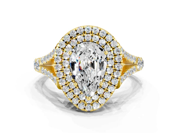Yellow gold Pear Cut Moissanite Pavé Split Shank Double Halo Engagement Ring