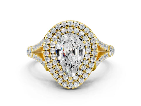 Yellow gold Pear Cut Moissanite Pavé Split Shank Double Halo Engagement Ring