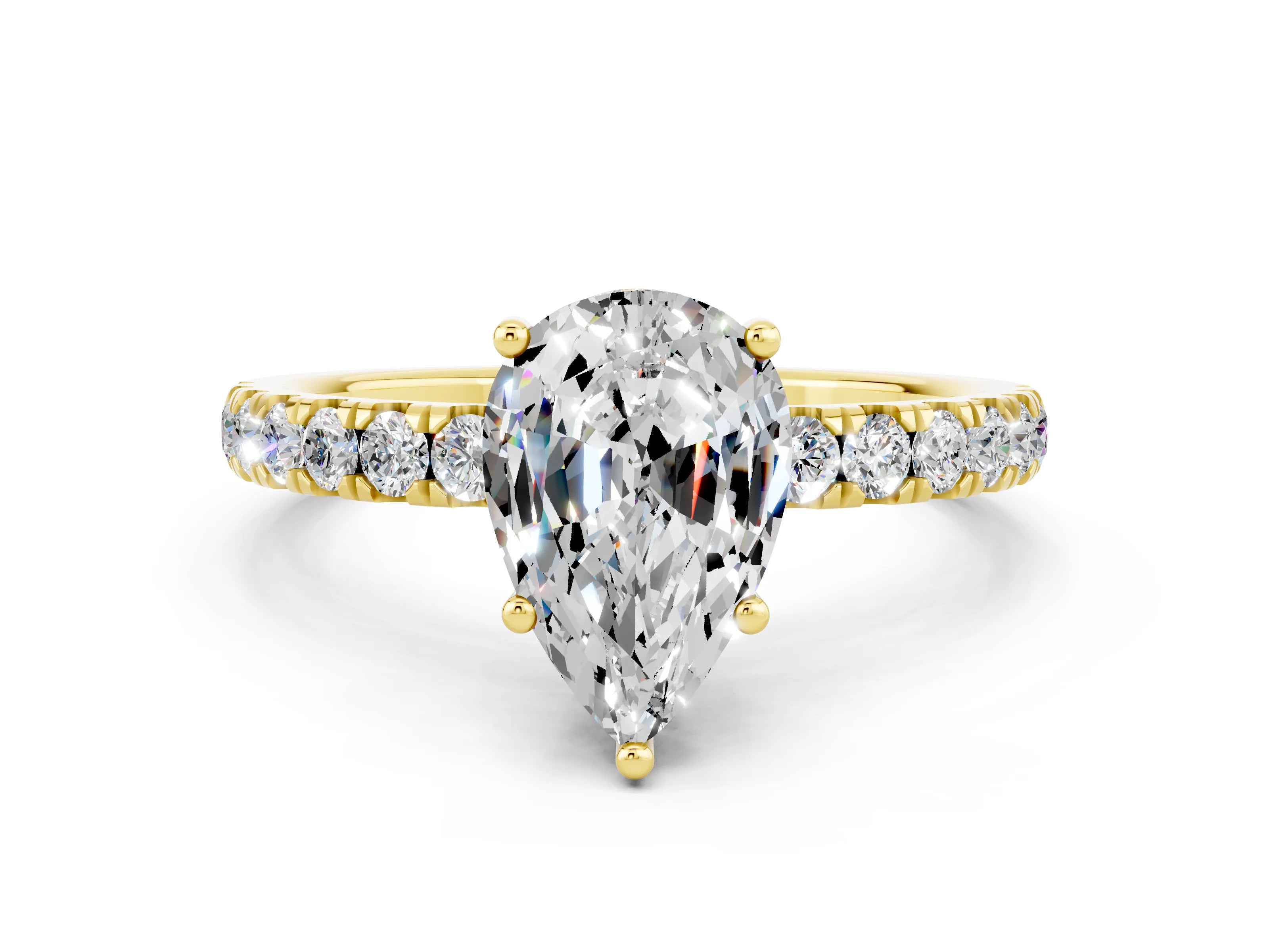 Yellow gold Pear Cut Moissanite Pave Band Solitaire Ring with Four-Prong Setting_24