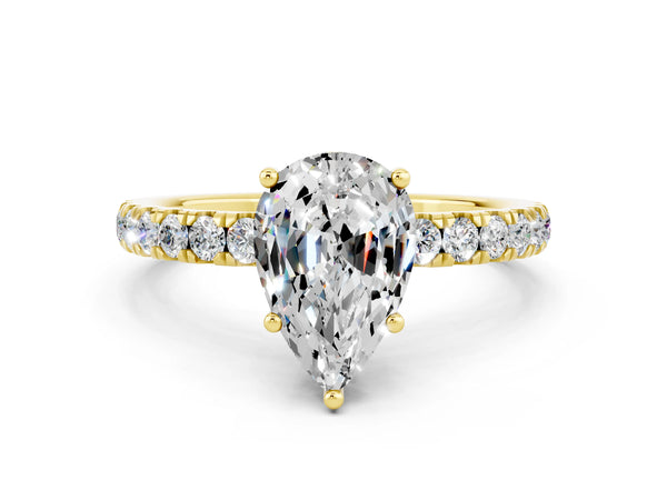 Yellow gold Pear Cut Moissanite Pave Band Solitaire Ring with Round  and Prong Setting