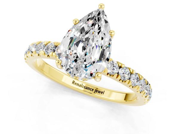 Yellow gold Pear Cut Moissanite Pave Band Solitaire Ring with Round  and Prong Setting