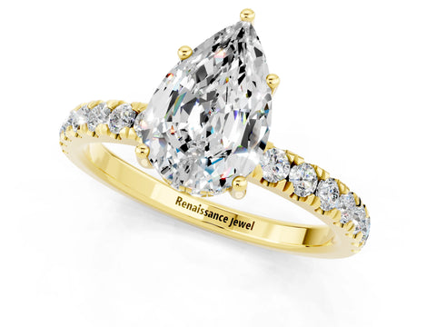 Yellow gold Pear Cut Moissanite Pave Band Solitaire Ring with Four-Prong Setting_25