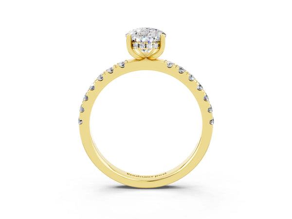 Yellow gold Pear Cut Moissanite Pave Band Solitaire Ring with Round  and Prong Setting