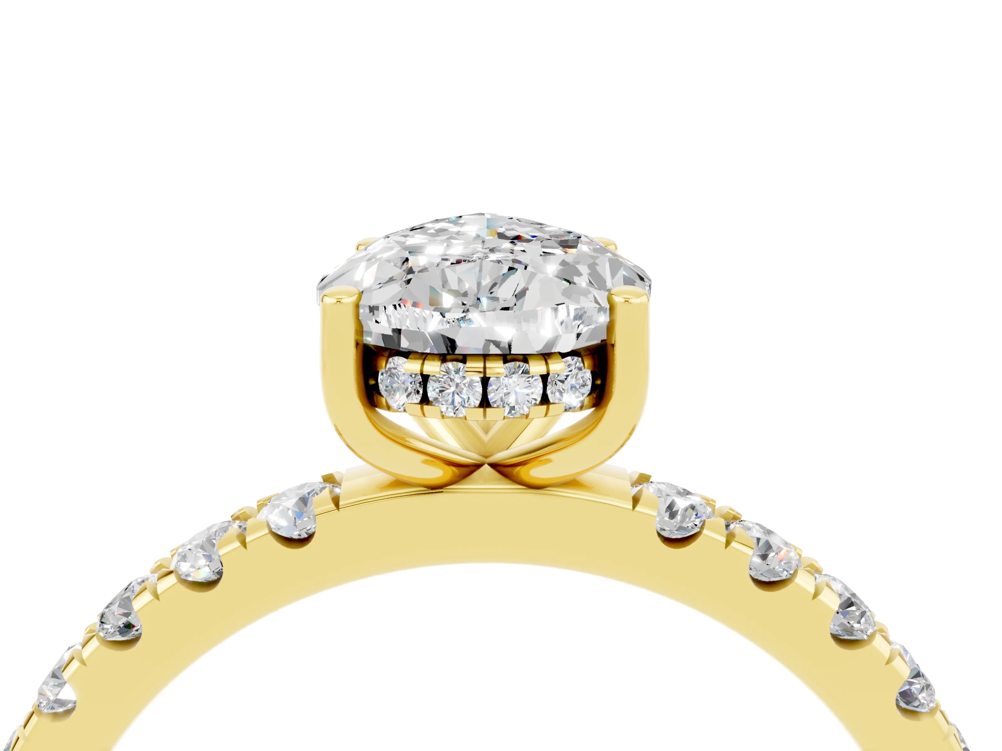 Yellow gold Pear Cut Moissanite Pave Band Solitaire Ring with Four-Prong Setting_28