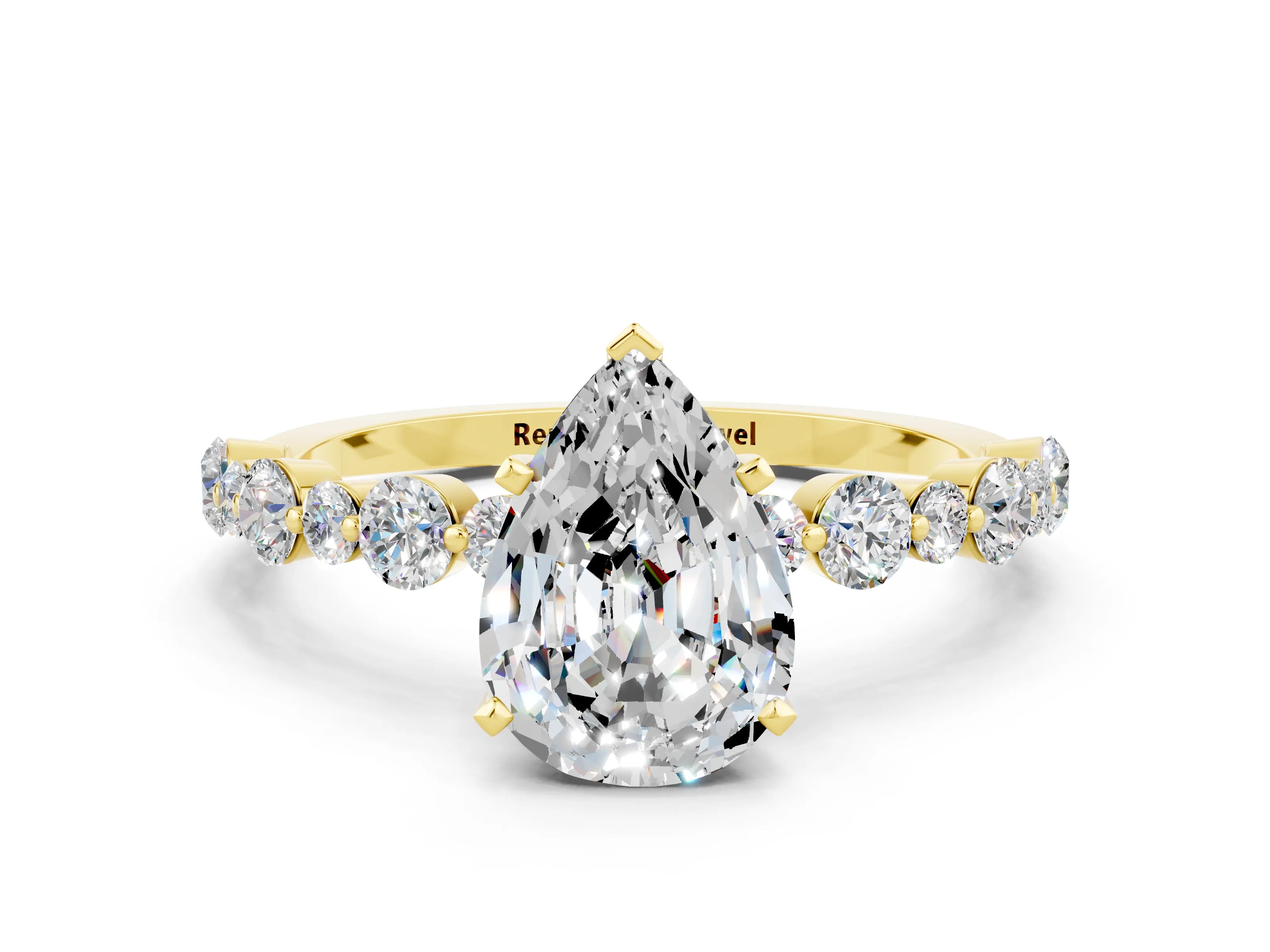 Yellow gold Pear Cut Moissanite Prong Set Engagement Ring with Pavé Band