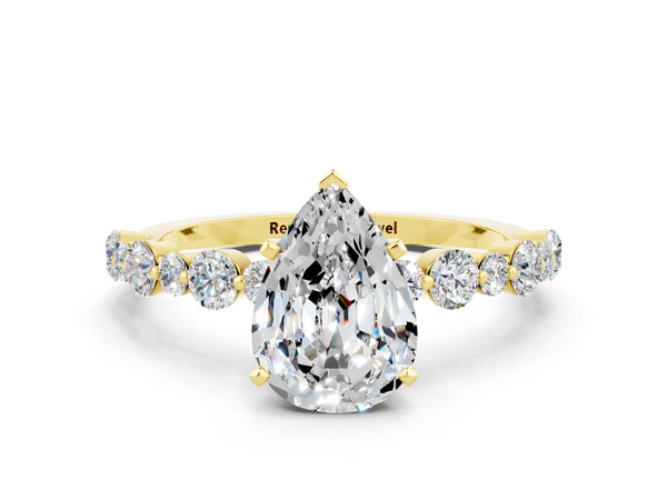 Yellow gold Pear Cut Moissanite Prong Set Engagement Ring with Pavé Band