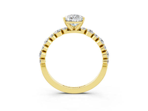 Yellow gold Pear Cut Moissanite Prong Set Engagement Ring with Pavé Band