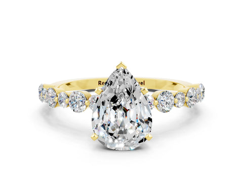 Yellow gold Pear Cut Moissanite Prong Set Engagement Ring with Pavé Band