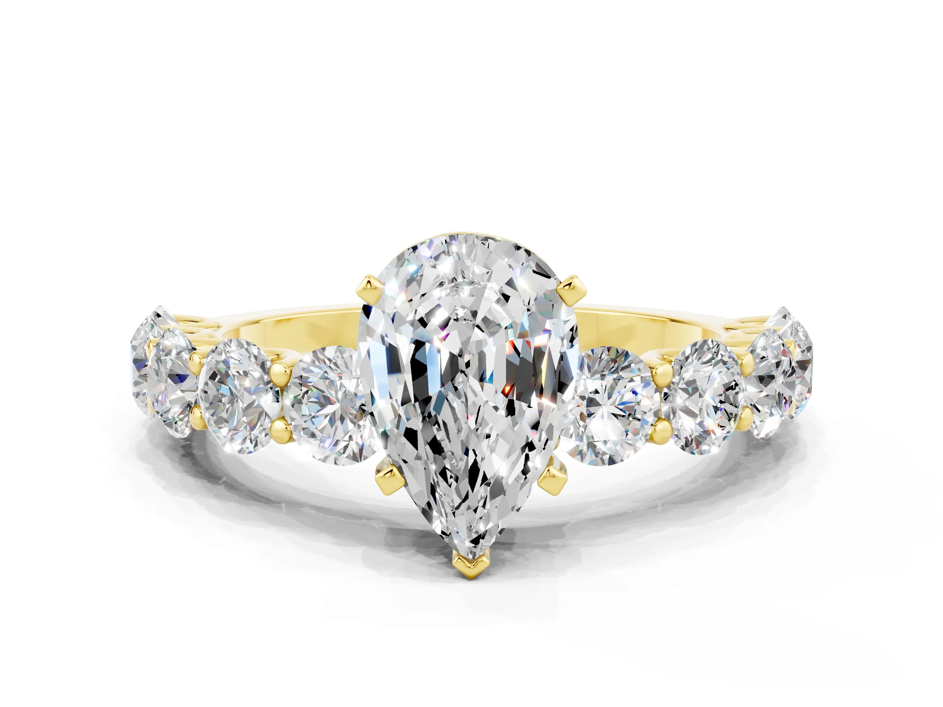Yellow gold Pear Cut Moissanite Prong Setting with Side Stones on a Pave Band