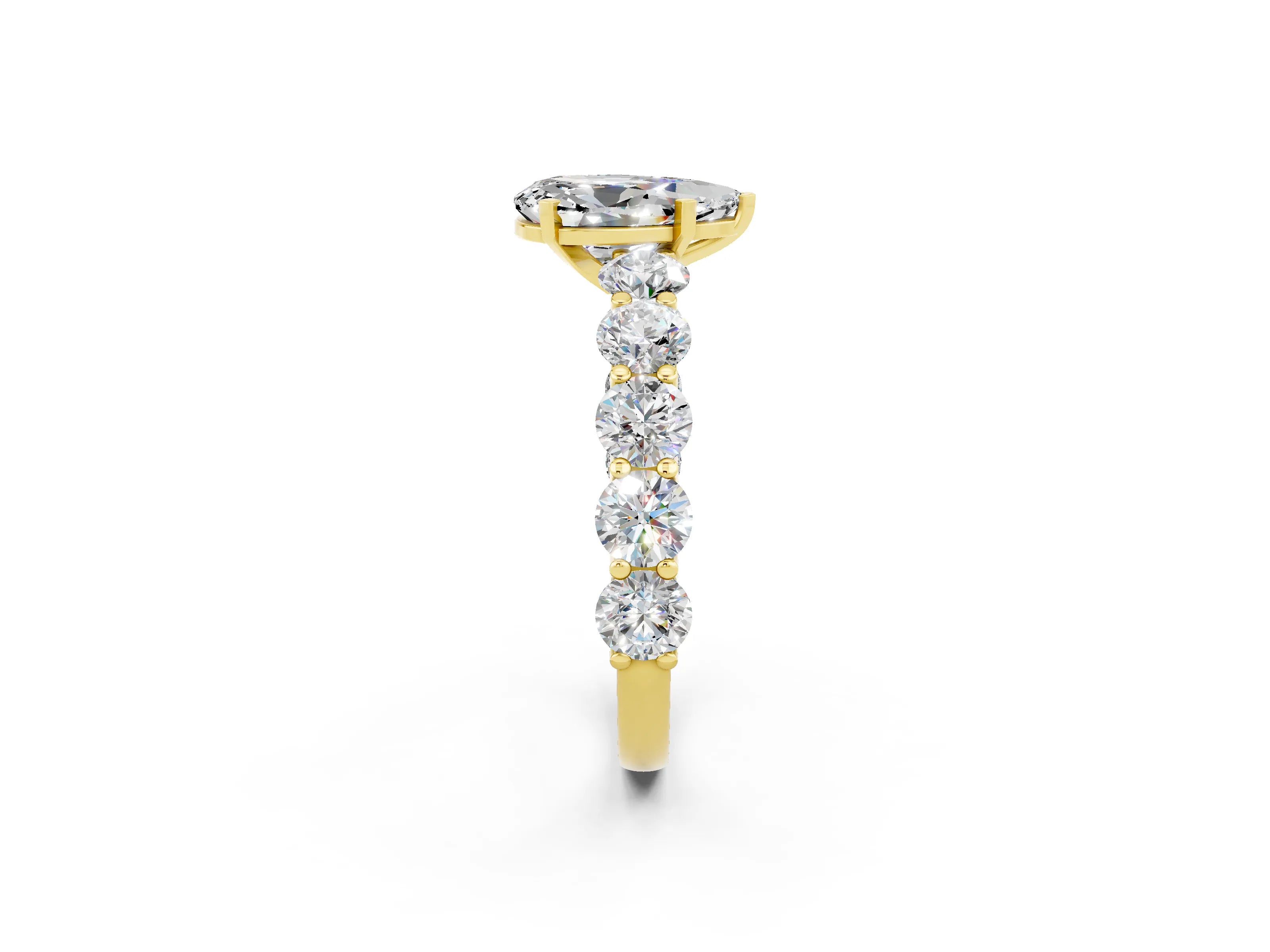Yellow gold Pear Cut Moissanite Prong Setting with Side Stones on a Pave Band_2