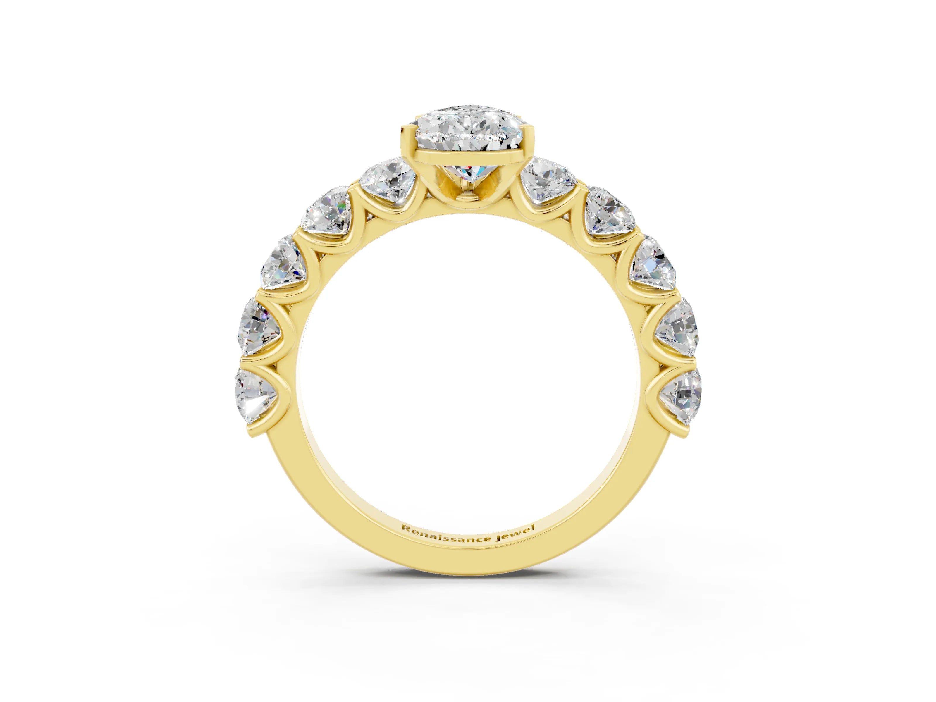 Yellow gold Pear Cut Moissanite Prong Setting with Side Stones on a Pave Band_3