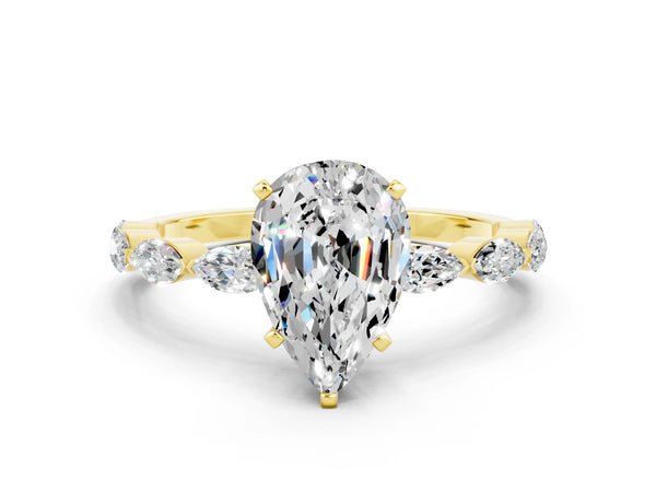 Yellow gold Pear Cut Moissanite Ring with Marquise Side Stones and Prong Setting