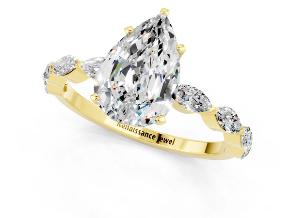 Yellow gold Pear Cut Moissanite Ring with Marquise Side Stones and Prong Setting