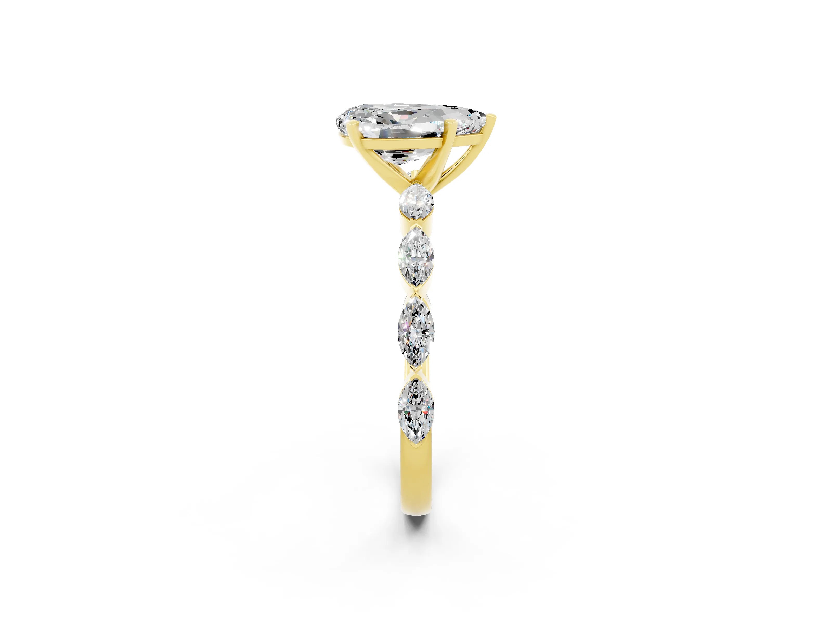 Yellow gold Pear Cut Moissanite Ring with Marquise Side Stones and Prong Setting_2