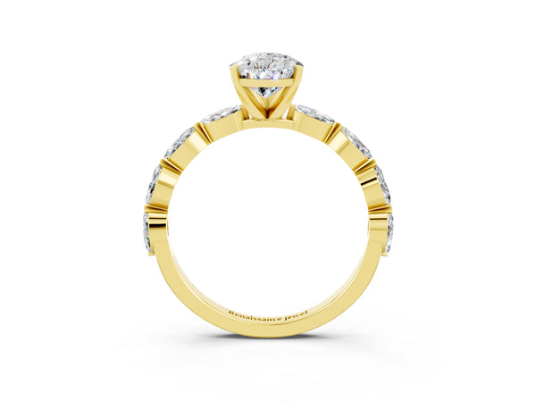 Yellow gold Pear Cut Moissanite Ring with Marquise Side Stones and Prong Setting