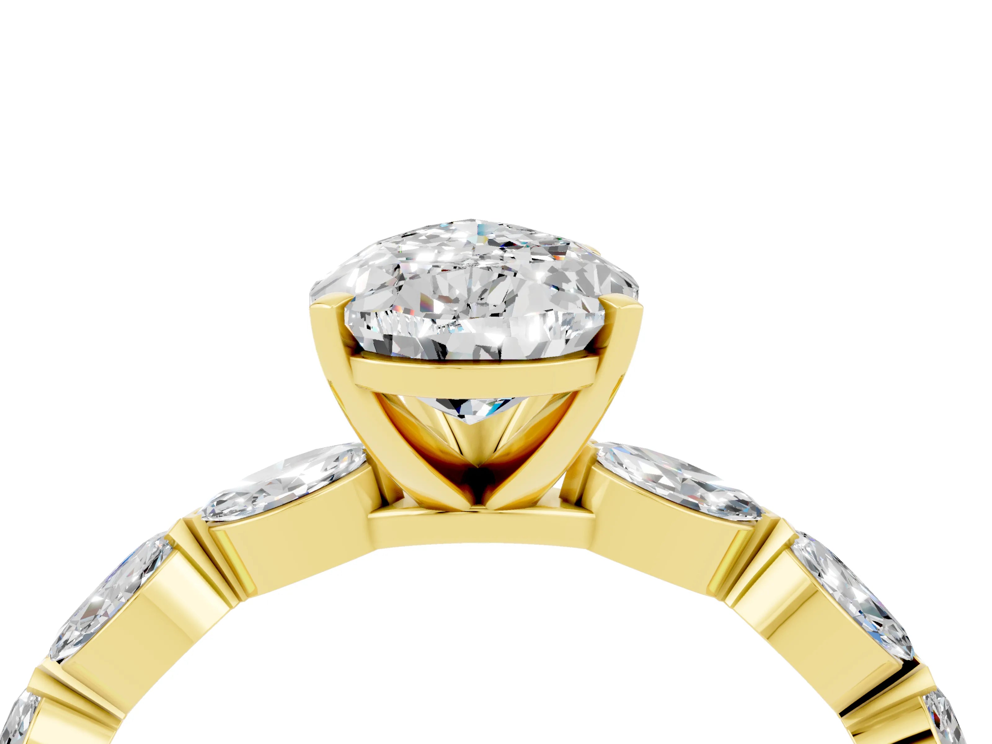 Yellow gold Pear Cut Moissanite Ring with Marquise Side Stones and Prong Setting_4