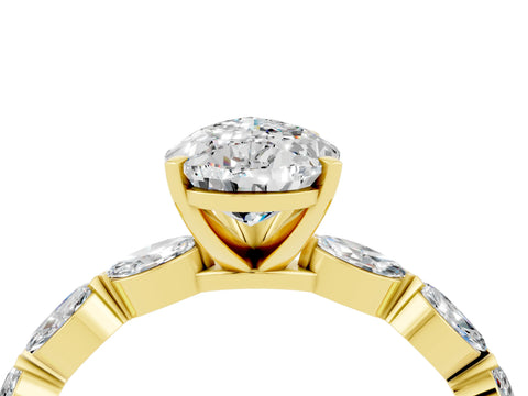 Yellow gold Pear Cut Moissanite Ring with Marquise Side Stones and Prong Setting_4